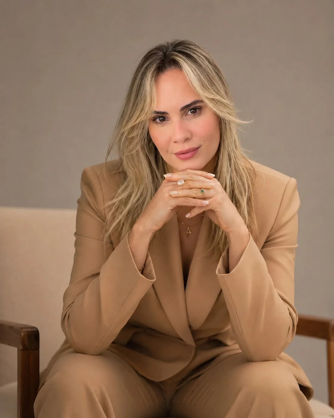 Dra. Kamilla Gonçalves sentada em poltrona, vestindo conjunto de alfaiataria bege, com as mãos entrelaçadas e olhar sereno